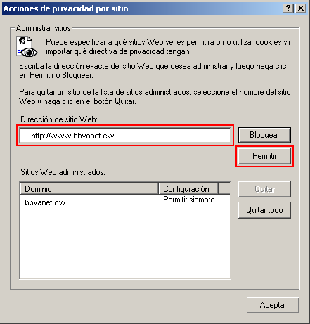 Acciones de privacidad por sitio